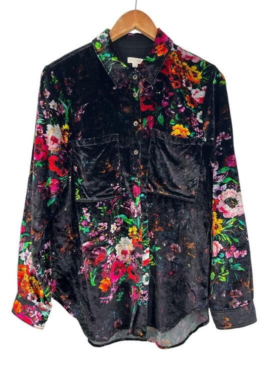 Pilcro Tops - PILCRO Women's Black Floral Velvet Long Sleeve Button Front Blouse Medium